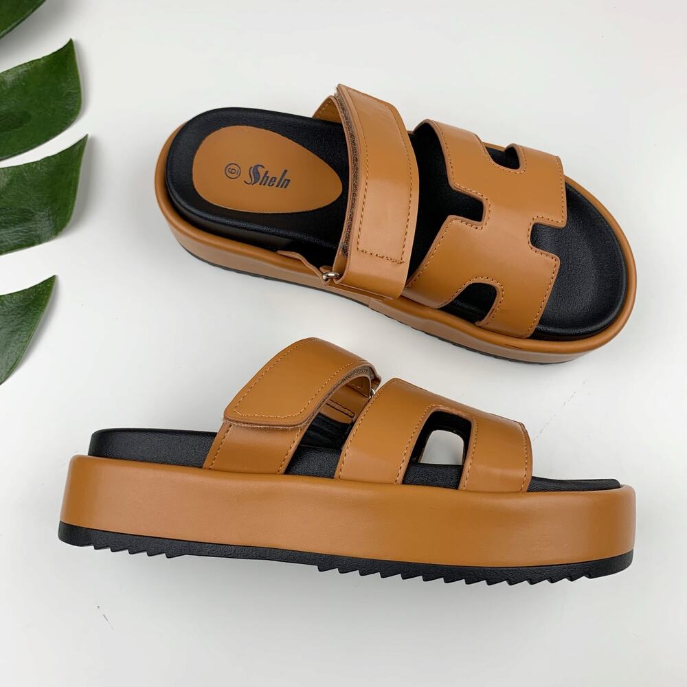 Sheln Chunky Platform Sandals Tan Faux Leather Strappy Slip On Shoes Women's 6